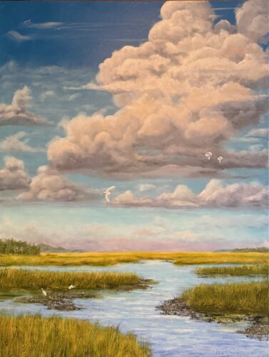 Anderson Riley - Partly Cloudy With a Chance of Egrets II oil on canvas 48x36x1.5 2026