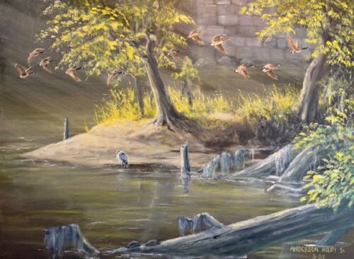 Anderson Riley - Saluda River Sunlight 30x40 Oil on Canvas Saluda River, Columbia, SC Heron Geese