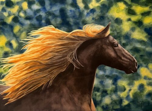 horse watercolor on paper matted and framed