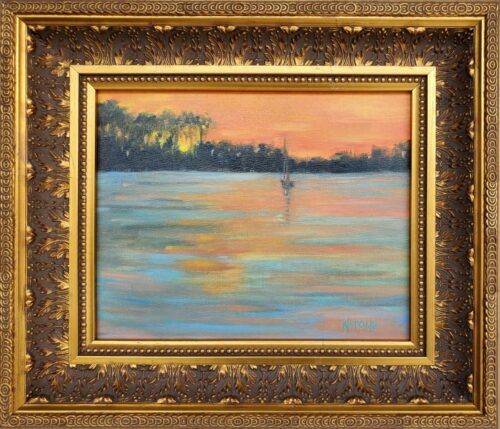 Wanda Spong Daufuskie at Dusk 2026 Oil on Linen 8x10 in 12.5x14.5 Elite Gold Frame