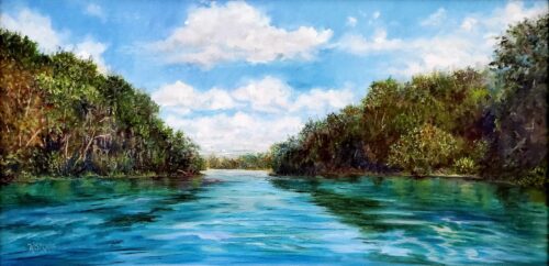 Wanda Spong "Down by the River" 12x24 in 16x20 Gold Frame 