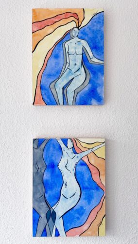 Julia Spong - Esperanza I and II Watercolor Mounted on Wooden Panel with Cold Wax Varnish 12x9 Ea.