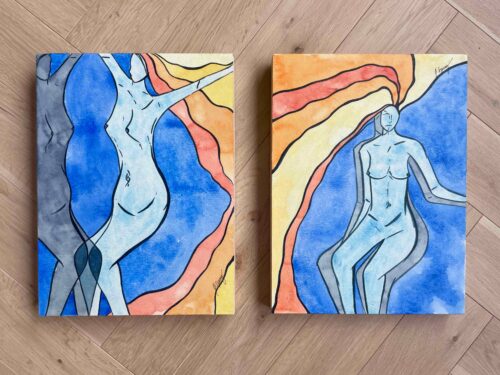 Julia Spong - Esperanza I and II Watercolor Mounted on Wooden Panel with Cold Wax Varnish 12x9 Ea. Side by Side