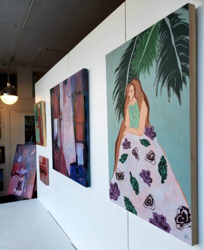 Julia Spong - Lady Palm 36x24 Acrylic on Cradled Birch in Window with Laura Spong Twilight 36x36