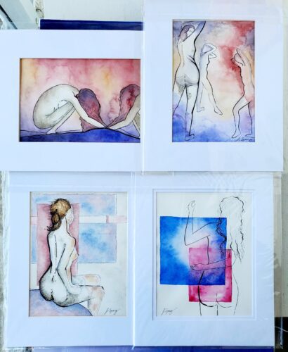 Julia Spong - Multi-color Watercolor Figures in 11x14 Mats