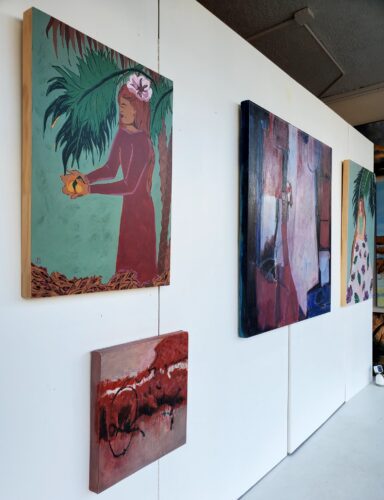 Julia Spong - Southern Offering 24x18 Acrylic on Wooden Cradle in Window with Laura Spong Twilight 36x36